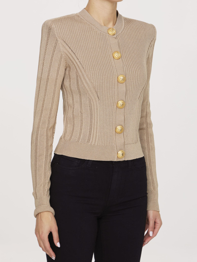 Shop Balmain Ribbed Knit Cardigan In Camel