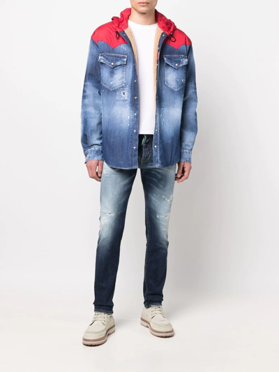 Dsquared2 Distressed Denim Jacket With Shearling In Blue