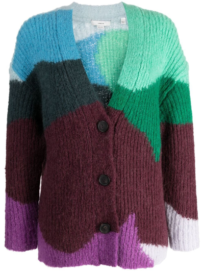 Shop Vince Wave-intarsia Ribbed-knit Cardigan In Multicolour