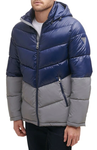 Guess Colorblock Wind & Water Resistant Puffer Jacket In Navy | ModeSens