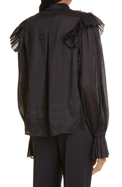 Shop Aje Serene Ruffle Collar Linen & Silk Organza Button-up Blouse In Black