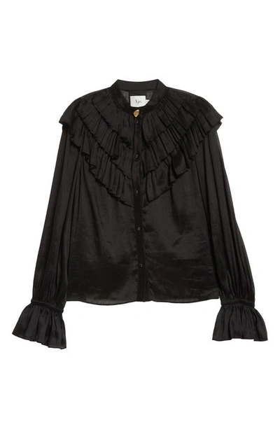 Shop Aje Serene Ruffle Collar Linen & Silk Organza Button-up Blouse In Black