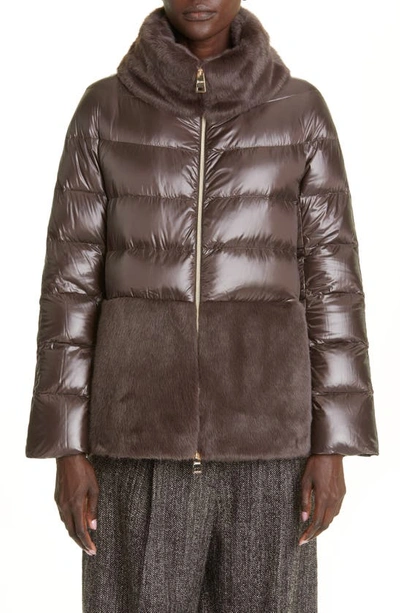 Shop Herno Ultralight Down Puffer Jacket With Faux Fur Trim In Marrone Scuro