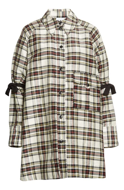 Shop Ganni Oversize Check Linen & Silk Shirt In Check Egret