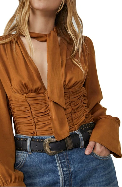 Shop Free People Meet Me There Ruched Button-down Blouse In Amber
