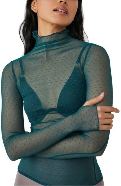 Free People On The Dot Layering Mesh Turtleneck In Deep Teal