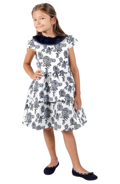 Shop Little Angels Kids' Floral Brocade Faux Fur Collar Dress In Navy Silver