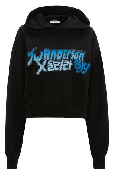 Shop Jw Anderson X 'run Hany' Crop Cotton Logo Hoodie In Black