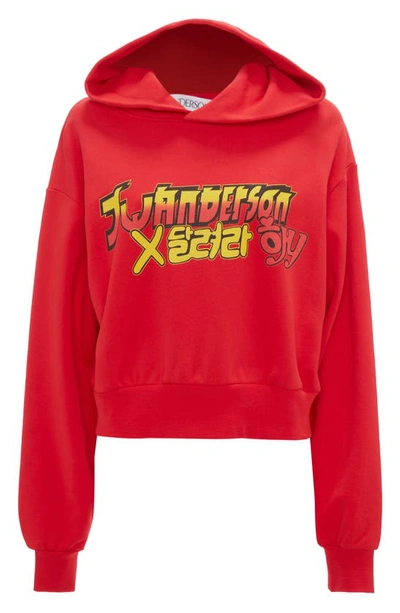 Shop Jw Anderson X 'run Hany' Crop Cotton Logo Hoodie In Scarlet