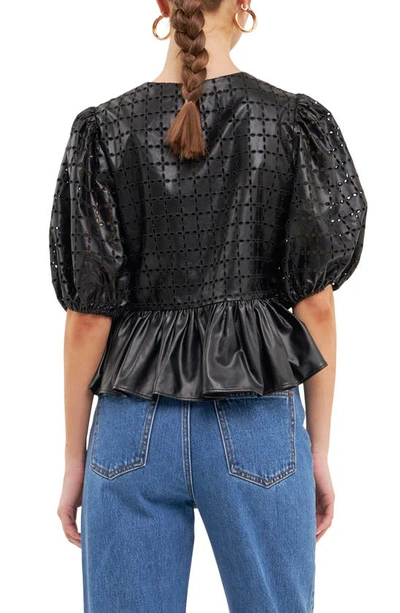 English Factory Puff Sleeve Eyelet Faux Leather Top In Black