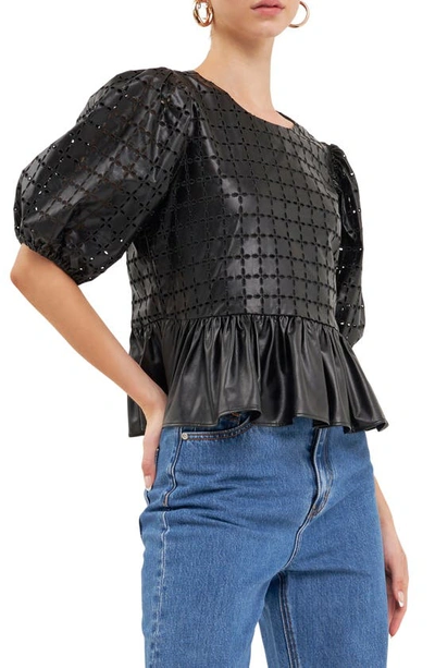 English Factory Puff Sleeve Eyelet Faux Leather Top In Black