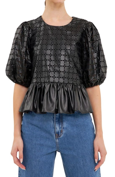 English Factory Puff Sleeve Eyelet Faux Leather Top In Black