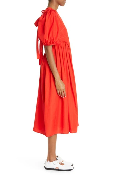 Shop Cecilie Bahnsen Finnegan Puff Sleeve Cotton Poplin Midi Dress In Poppy Red