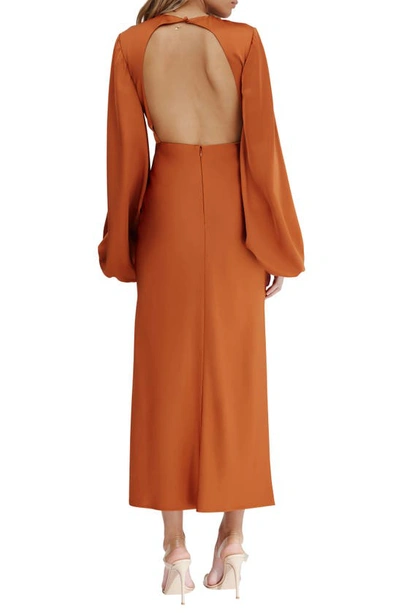 Shop Significant Other Demi Cutout Long Sleeve Satin Maxi Dress In Clay