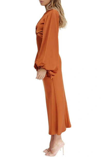 Shop Significant Other Demi Cutout Long Sleeve Satin Maxi Dress In Clay