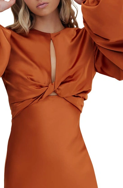 Shop Significant Other Demi Cutout Long Sleeve Satin Maxi Dress In Clay