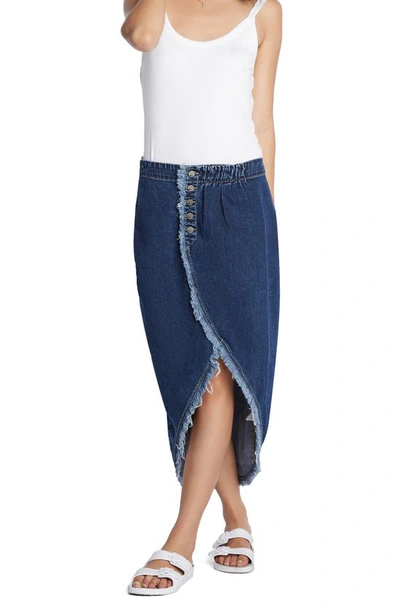 Wash Lab Denim Button Front Denim Faux Wrap Skirt In Shady Blue