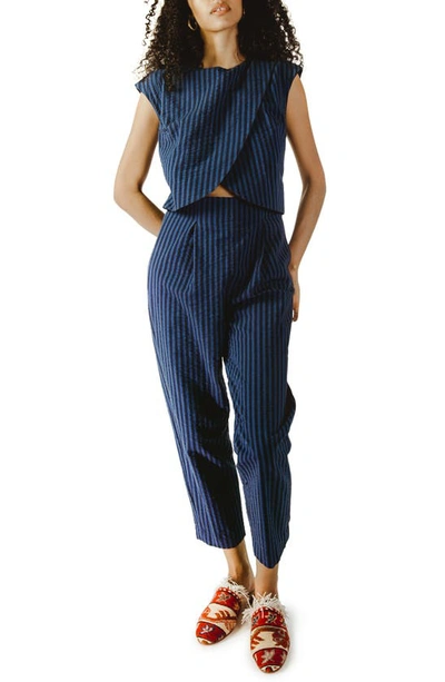Shop Madri Collection Crossover Front Seersucker Nursing Jumpsuit In Blue Stripe Seersucker