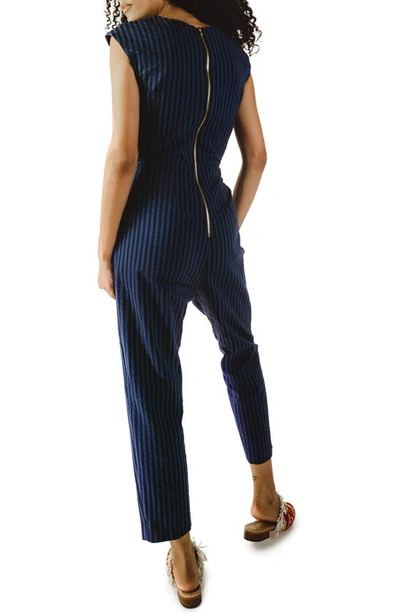 Shop Madri Collection Crossover Front Seersucker Nursing Jumpsuit In Blue Stripe Seersucker