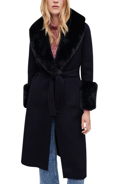 Shop Maje Galaxy Wool & Nylon Coat With Faux Fur Trim In Blue