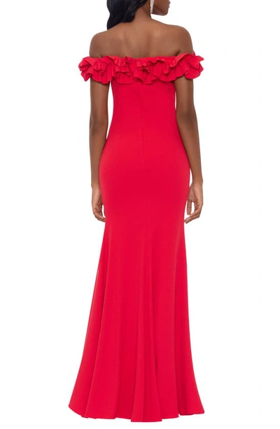 Shop Xscape Off The Shoulder Ruffle Crepe Trumpet Gown In Red
