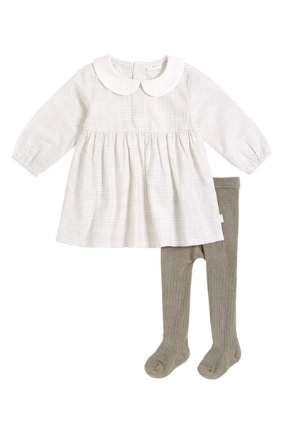 Shop Firsts By Petit Lem Grid Print Organic Cotton Dress & Tights Set In 102 Beige