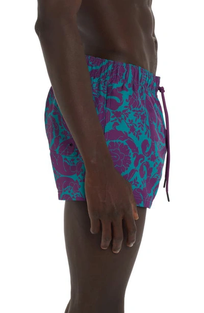 Shop Versace Barocco Print Swim Trunks In 5g320 Teal Plum