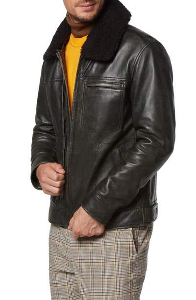 Shop Andrew Marc Wallack Faux Shearling Trim Leather Jacket In Black
