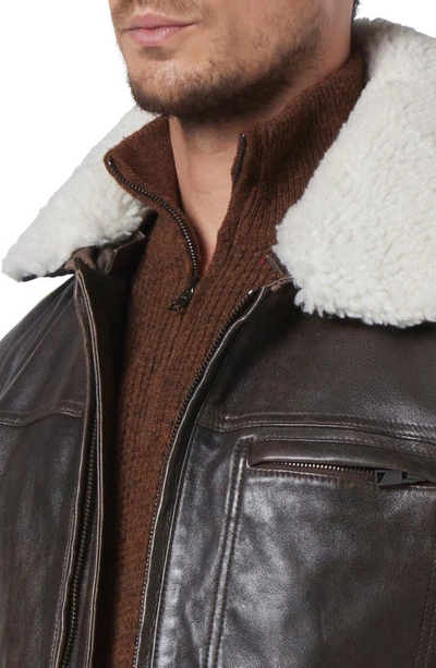 Shop Andrew Marc Wallack Faux Shearling Trim Leather Jacket In Brown