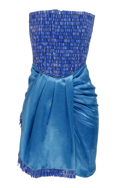 Shop Raisa Vanessa Crystal Embroidered Satin Mini Dress In Blue