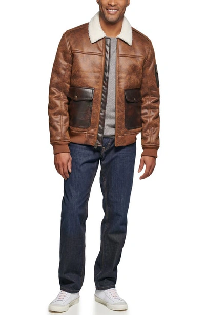 Shop Levi's Faux Shearling Collar Aviator Bomber Jacket In Brown