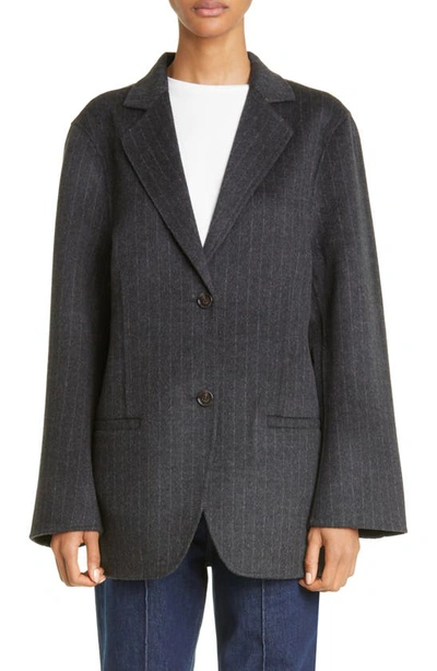 Shop Totême Longline Pinstripe Double Face Wool Blazer In Dark Grey Pinstripe