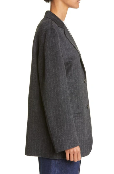 Shop Totême Longline Pinstripe Double Face Wool Blazer In Dark Grey Pinstripe