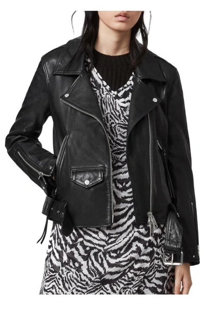Shop Allsaints Luna Lambskin Leather Biker Jacket In Black