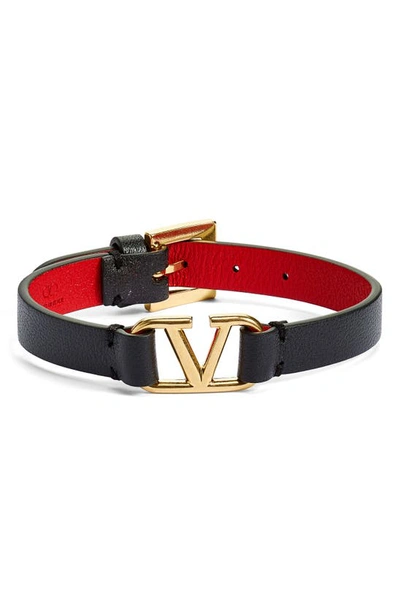 Shop Valentino Vlogo Leather Bracelet In Nero/ Rouge Pur