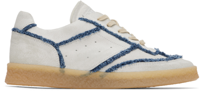 Shop Mm6 Maison Margiela Off-white Denim Leather Sneakers In H9365 White/blu Deni
