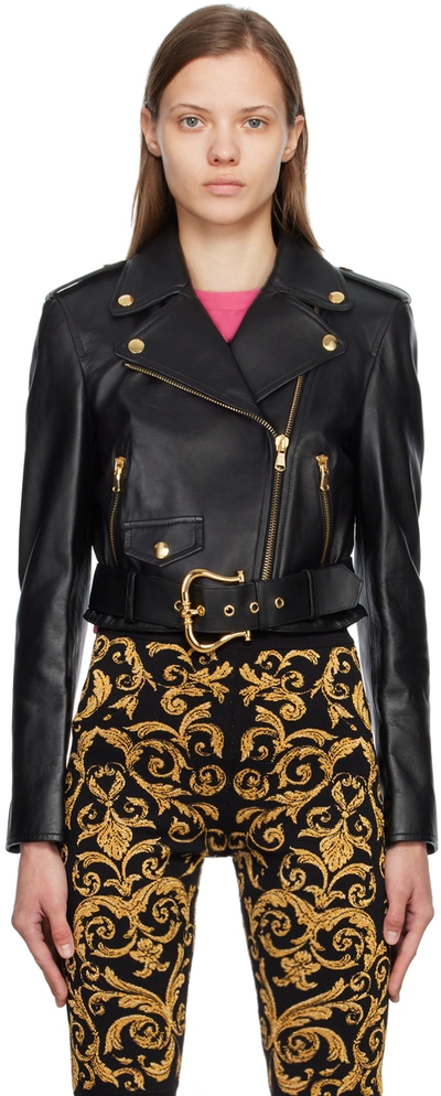 Shop Moschino Black 'gilt Without Guilt' Leather Jacket In J3555 Fantasy Print