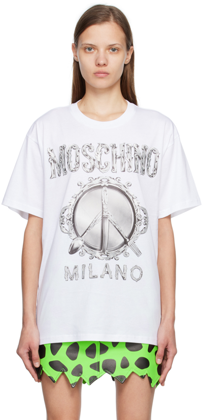 Shop Moschino White Cutlery T-shirt In A1001 Fantasy Print