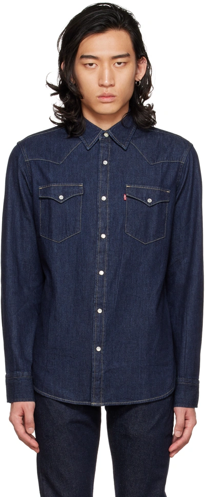 Shop Levi's Navy Barstow Western Denim Shirt In Red Cast Rinse Taked