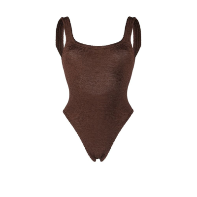 Shop Hunza G Brown Classic Square Neck Crinkle Swimsuit