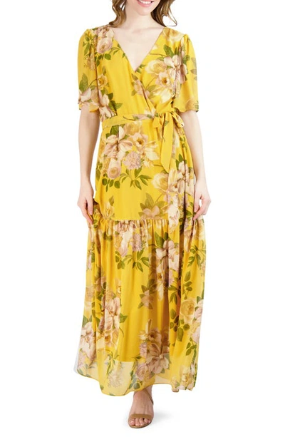 Shop Donna Ricco Flutter Sleeve Maxi Dress In Yellow Multi