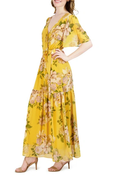 Shop Donna Ricco Flutter Sleeve Maxi Dress In Yellow Multi