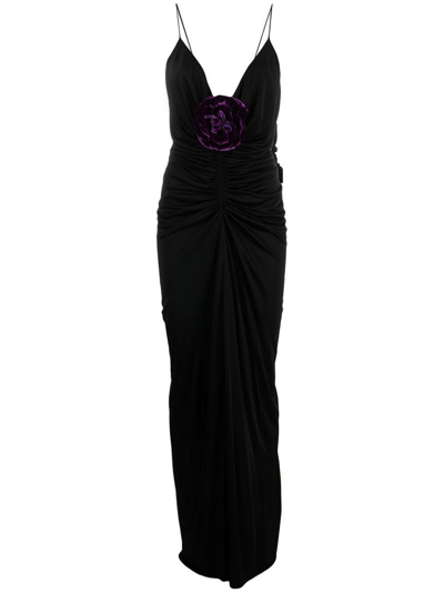 Shop Saint Laurent Rose-appliqué Draped Gown In Black