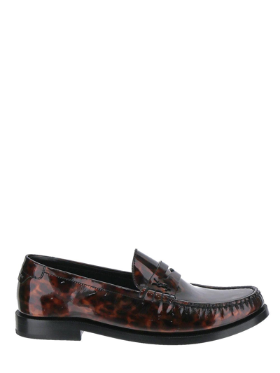 Shop Saint Laurent Le Loafer Monogram Penny Slippers In Tortoiseshell Patent Leather In Brown