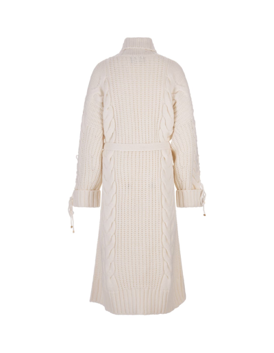 Shop Blumarine Woman Long Coat In White Wool Knit With Stitch Mix In Bianco