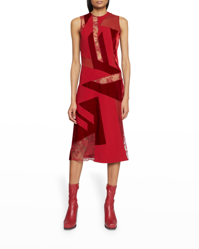 Shop Stella Mccartney Lace Velvet Patchwork Midi Dress In 6405 Cherry