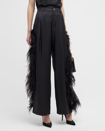 Shop Lapointe Silk Pants With Feather Trim In Black