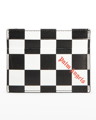 Shop Palm Angels Men's Damier-print Leather Card Holder In White