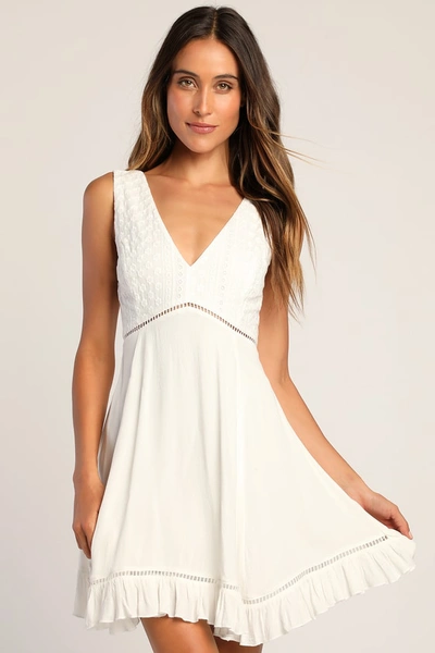 Lulus Endlessly Enticing White Embroidered Babydoll Mini Dress In White