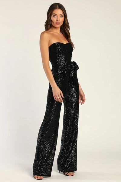 Lulus Flirty Moves Black Sequin Strapless Wide-leg Jumpsuit In Black
